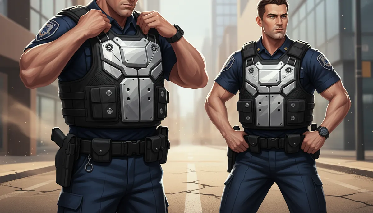 Police officers clad in advanced cooling ventilation vests, captured in sharp midday sunlight. The v